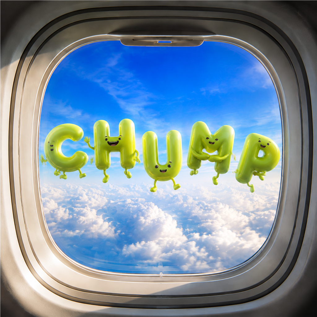 The CHUMP letter crew floating outside an airplane window